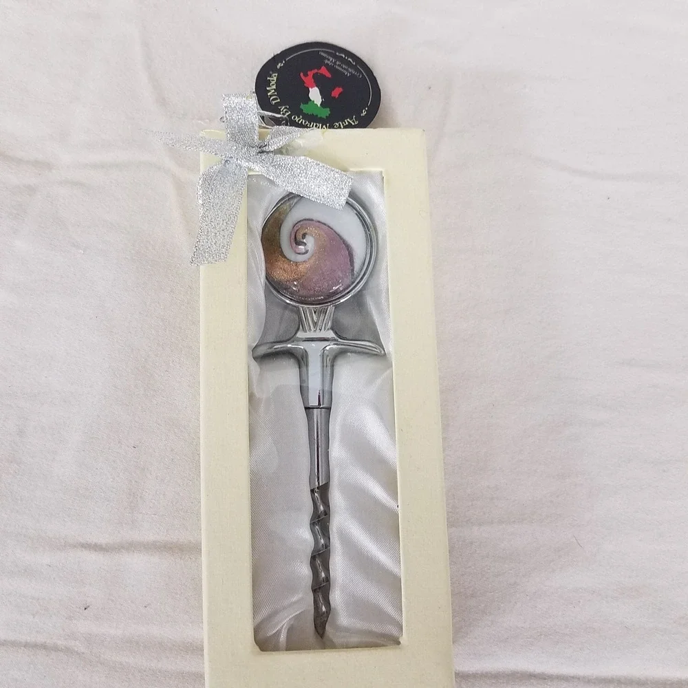 Arte Murano By D'Moda Wine Corkscrew Silver New Glass Swirl Handcrafted 5in